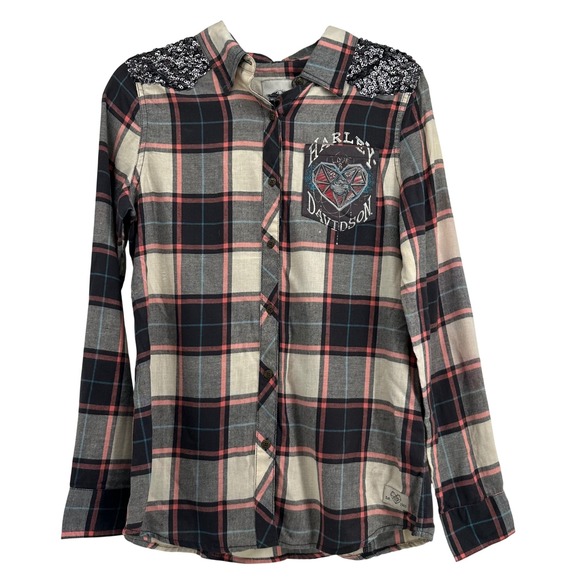 Harley-Davidson Tops - Harley Davidson Womens Flannel Plaid Button Down Shirt Sequins M
